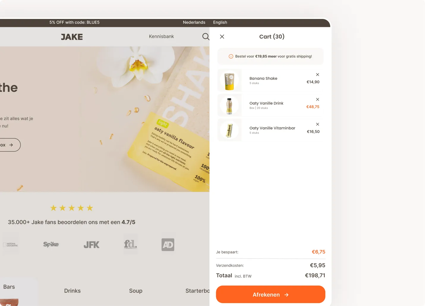 Jakefood cart overlay showing three sets of products in the cart and a call to action to buy more to get free shipping