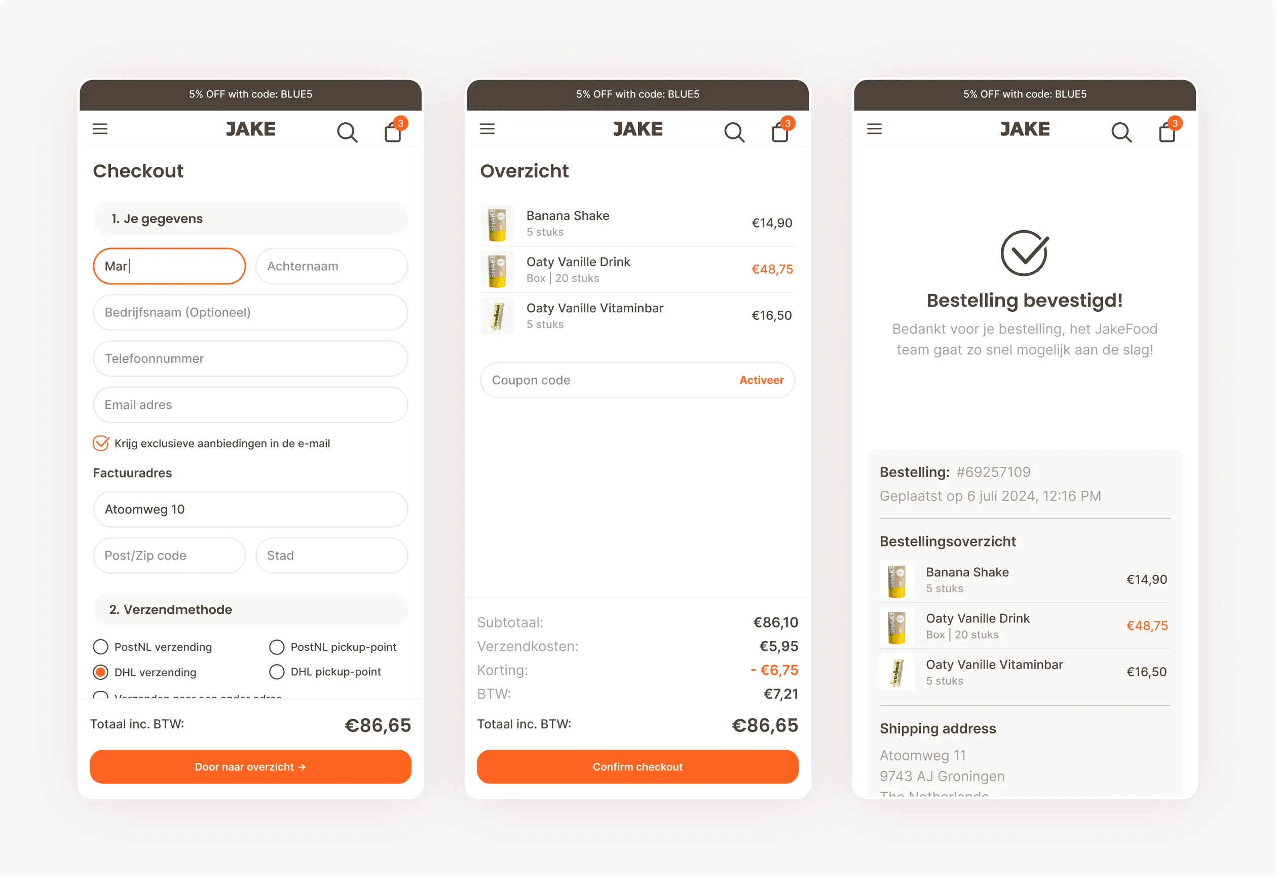 The entire mobile checkout flow for Jakefood, showing checkout, overview and a success page