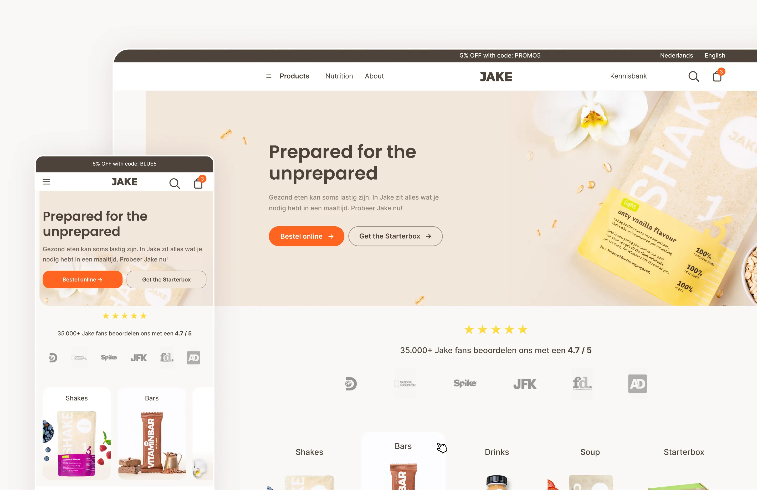 Jakefood website landing page as mobile and desktop, showing the hero and a call to action