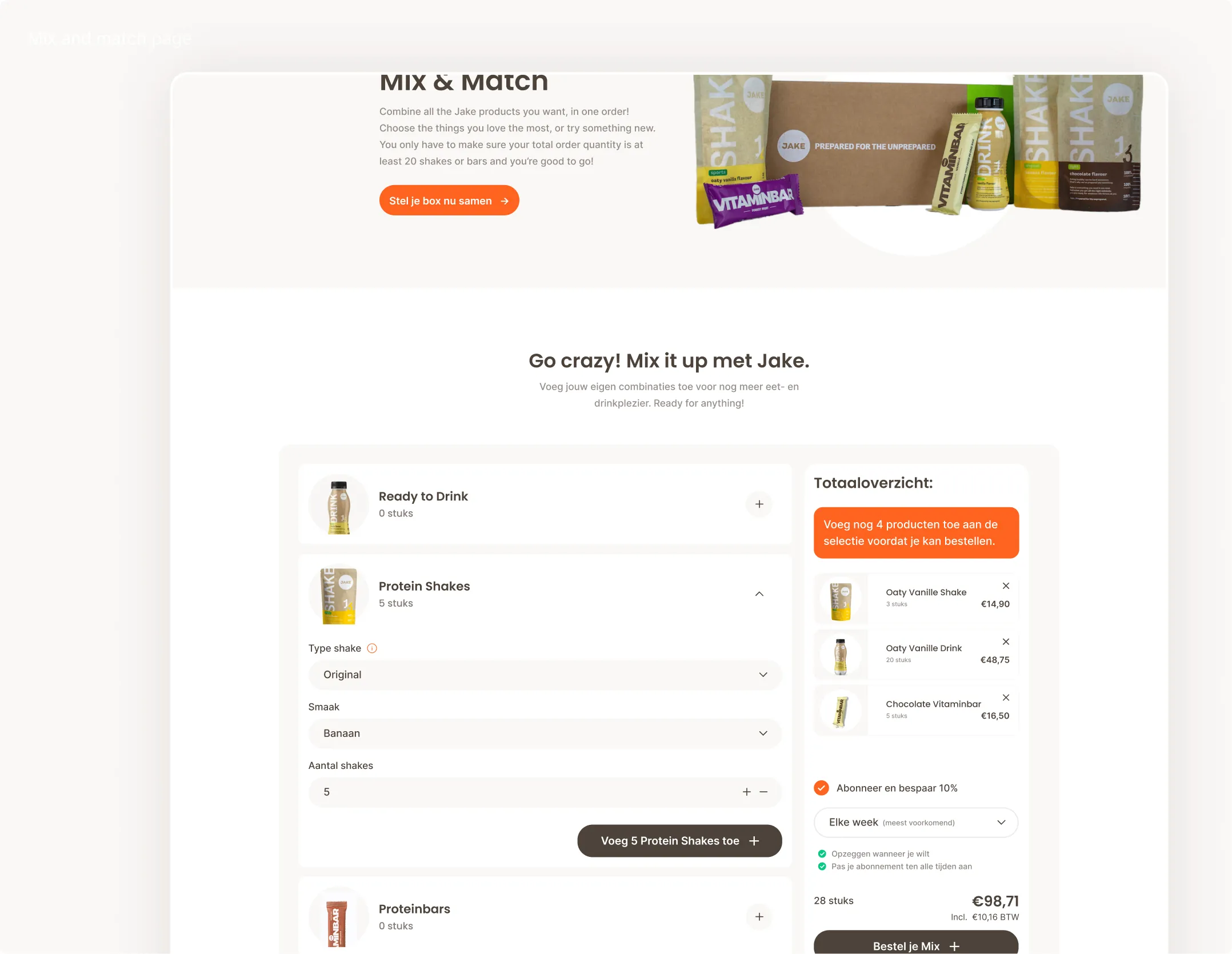 Jakefood Mix & Match page showing the new flow for selecting products