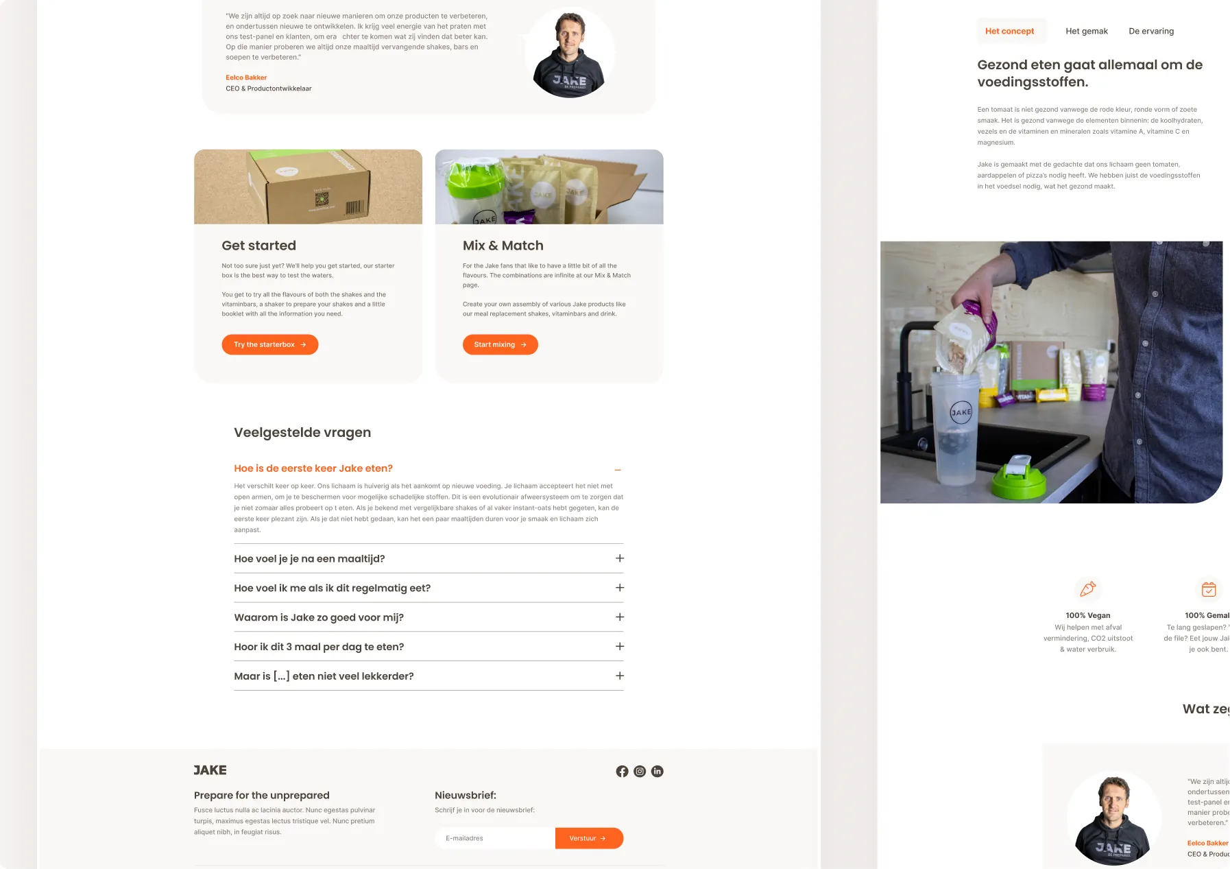 Jakefood product landing page showing call to actions, reviews from the owners and frequently asked questions