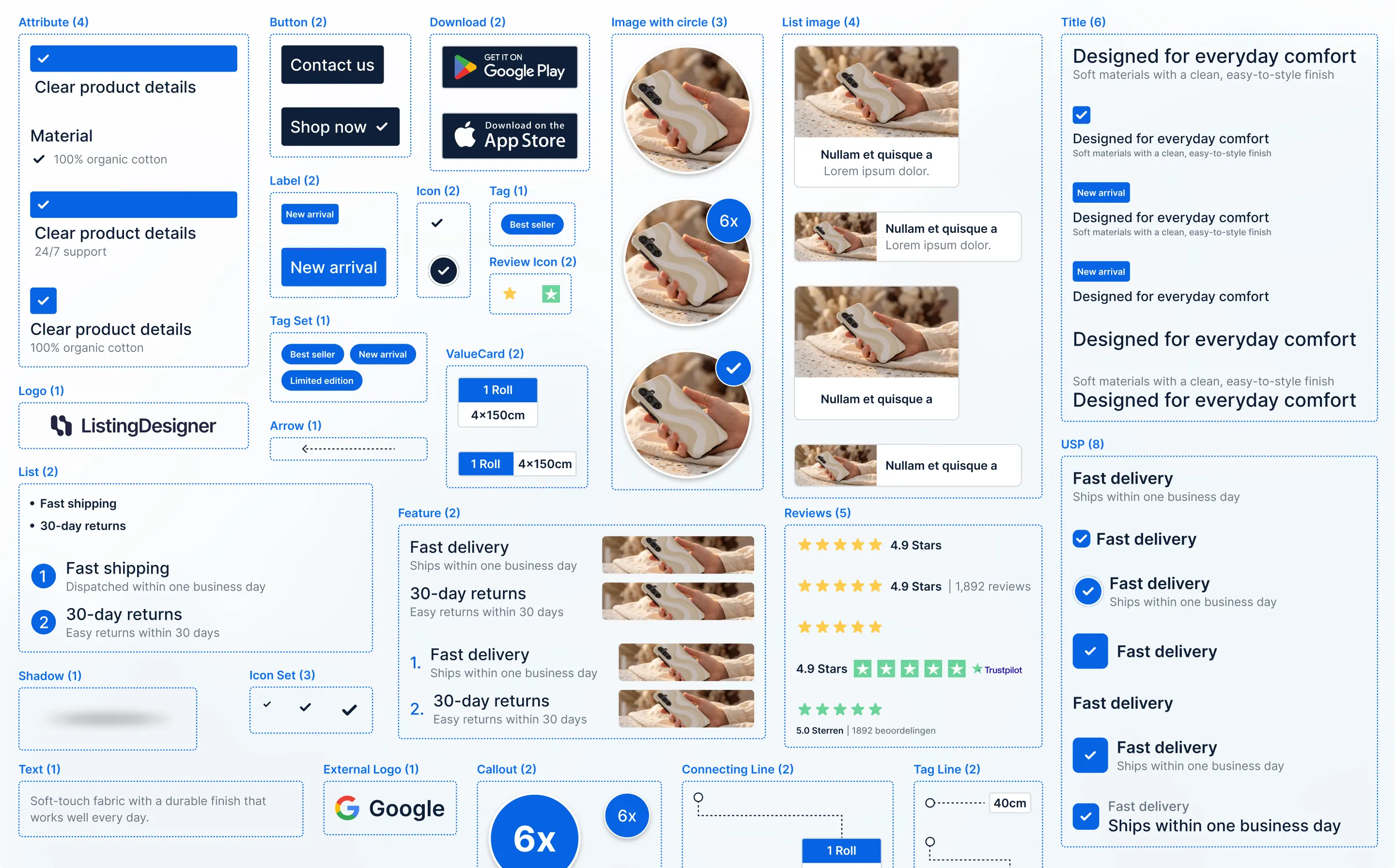 A detailed grid of components that can be used to create listings.