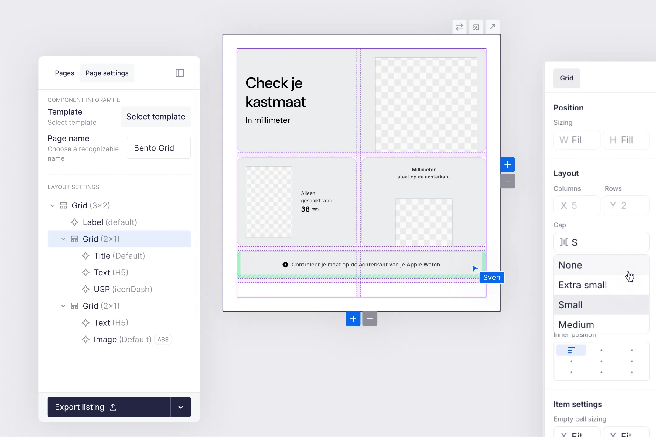Image showing the grid based editor of ListingDesigner with a user editing a grid track to be bigger