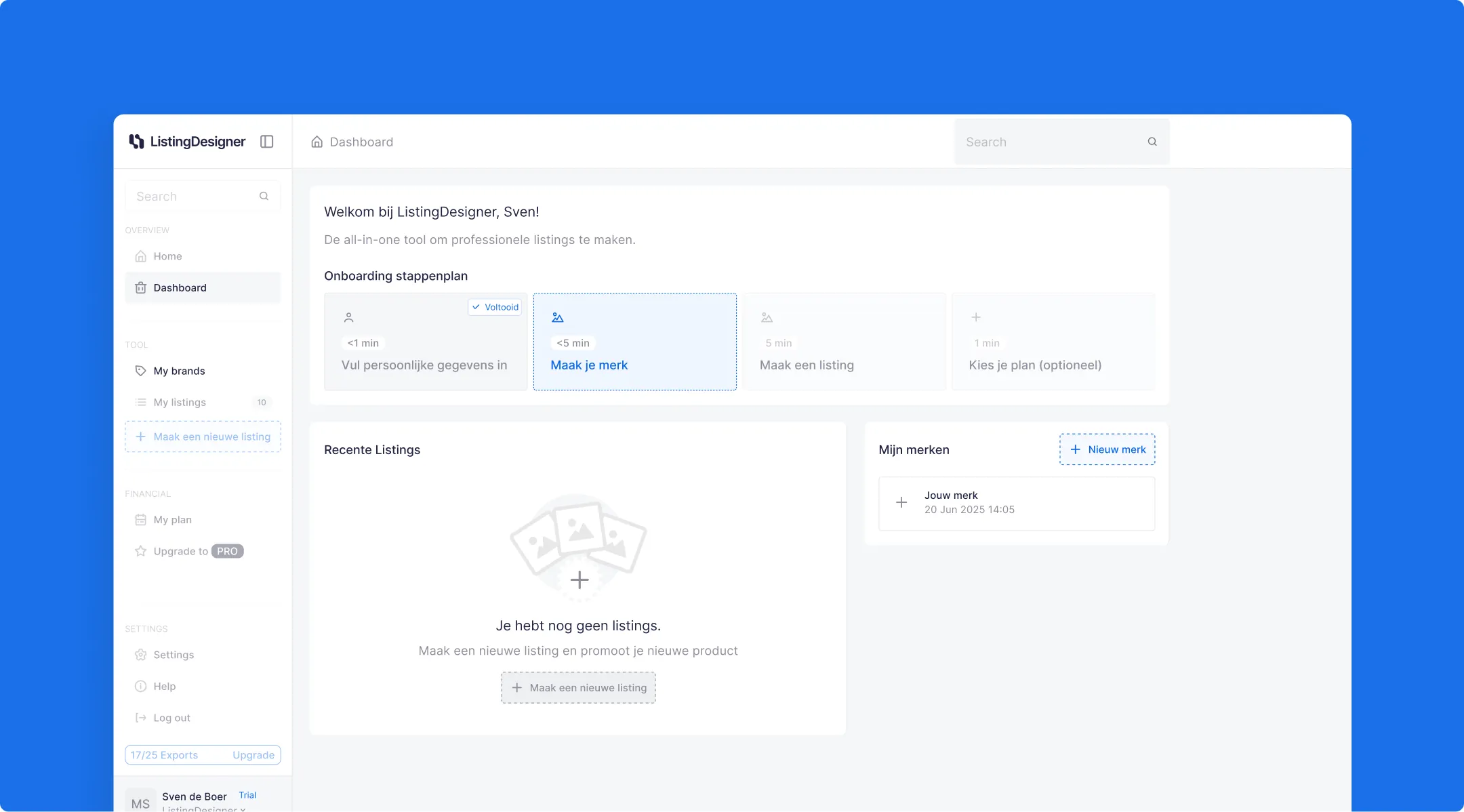 Onboarding image of the dashboard showing how to create your brand
