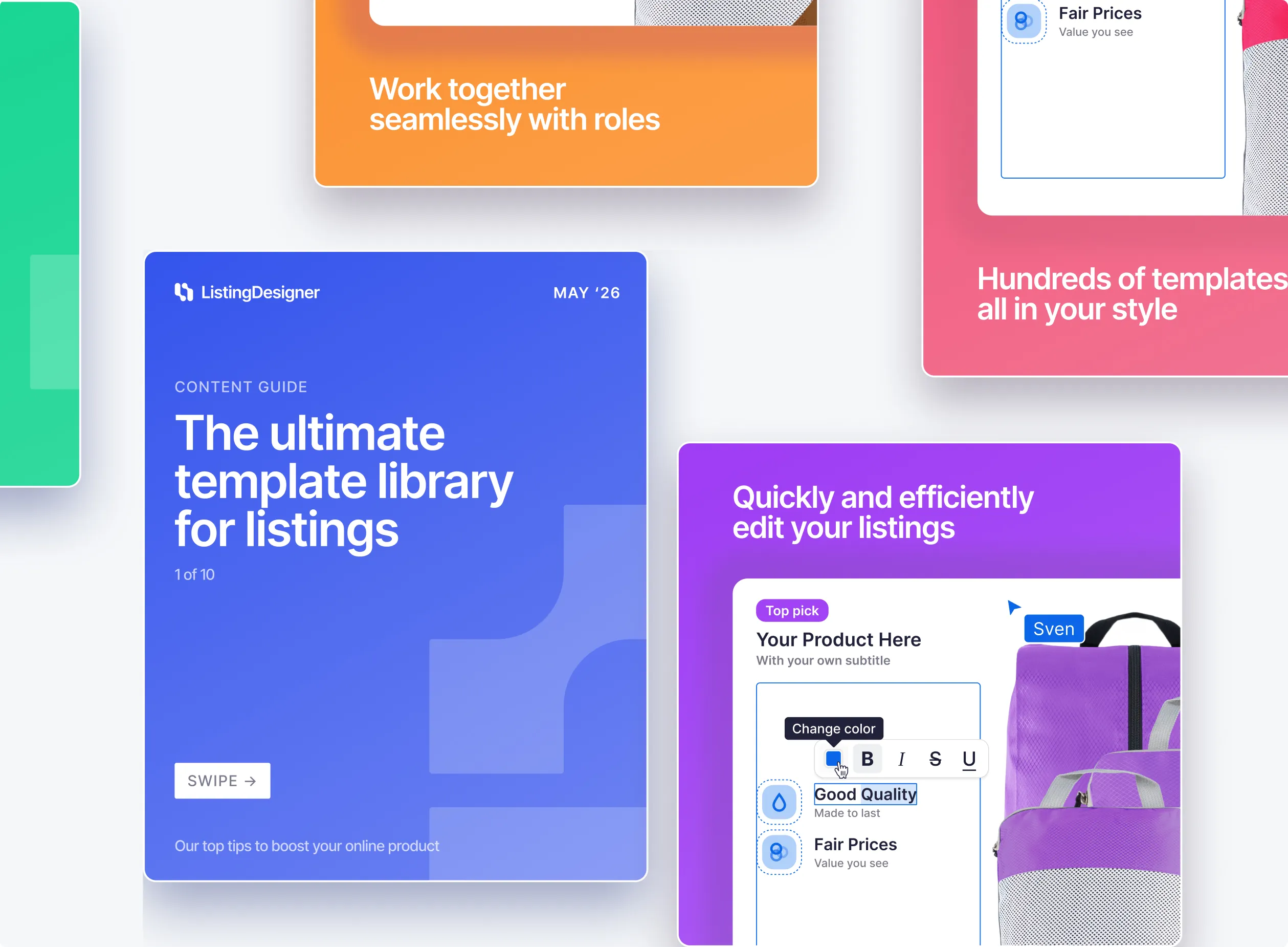 Various social media posts for ListingDesigner showing the different brand colors working together